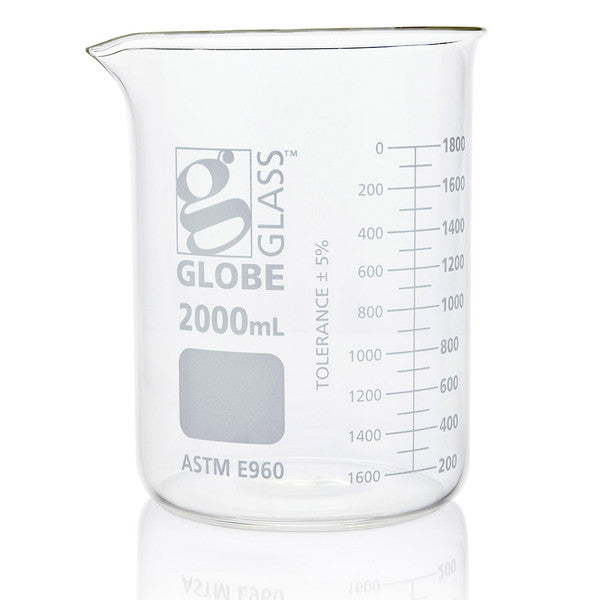 Beaker, Globe Glass, 2000mL, ASTM E960, Low Form Griffin Style, Dual Graduations, 4/Box - 8012000