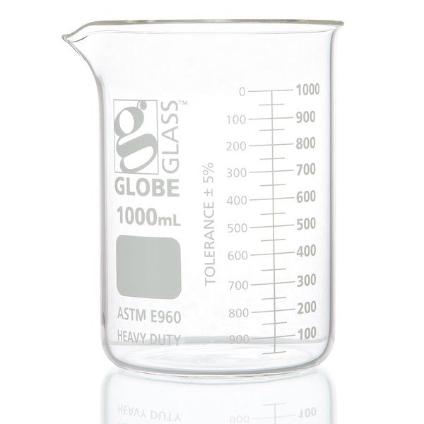 Beaker, Globe Glass, 1000mL, Low Form, Heavy Duty, Dual Graduations, ASTM E960, 6/Box - 8021000