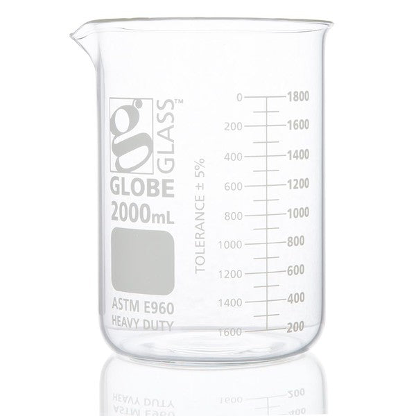 Beaker, Globe Glass, 2000mL, Low Form, Heavy Duty, Dual Graduations, ASTM E960, 4/Box - 8022000