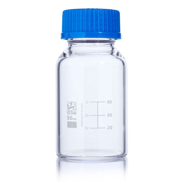 Bottle, Media, Globe Glass, 50mL, GL32 Screw Cap, Dual Graduations, 10/Box - 8100050