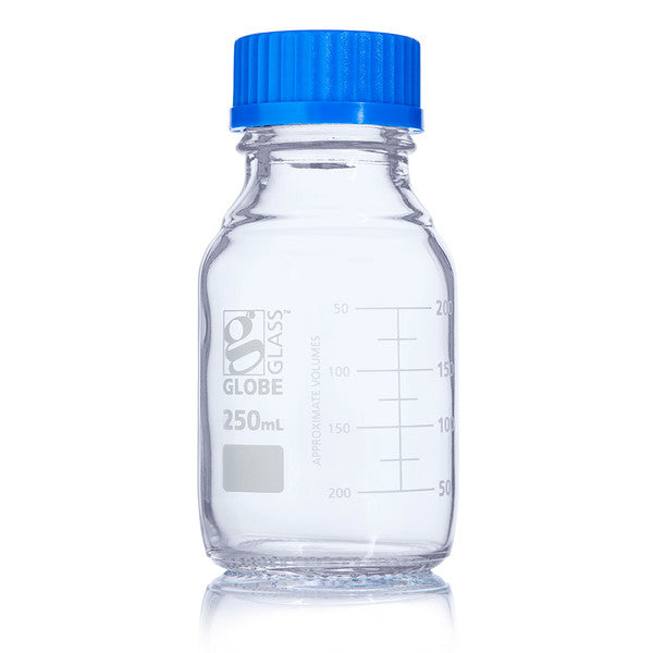 Bottle, Media, Globe Glass, 250mL, GL45 Screw Cap, Dual Graduations, 10/Box - 8100250