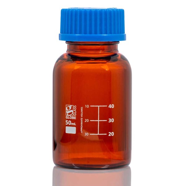 Bottle, Amber Media, Globe Glass, 50mL, GL32 Screw Cap, Dual Graduations, 10/Box - 8110050