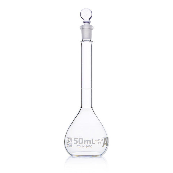 Flask, Volumetric , Globe Glass, 50mL, Class A, To Contain (TC), ASTM E288, 6/Box - 8200050