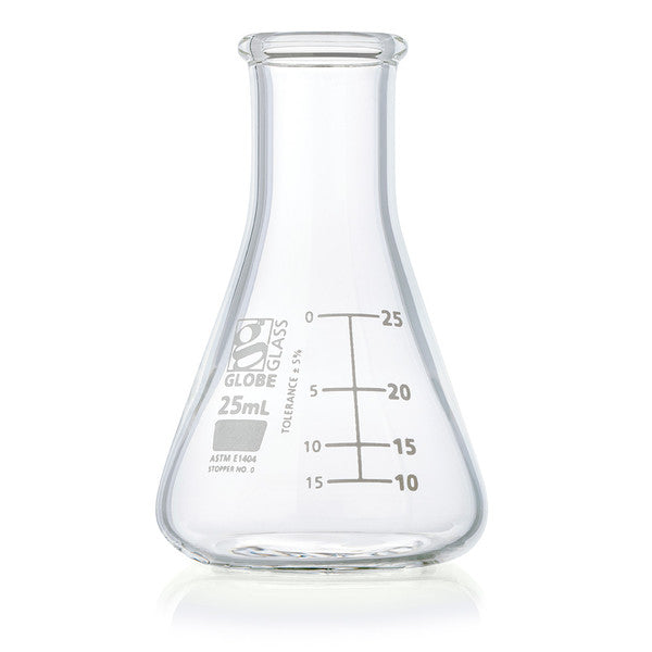 Flask, Erlenmeyer, Globe Glass, 25mL, Narrow Mouth, Dual Grads, ASTM E1404, 12/Box - 8400025