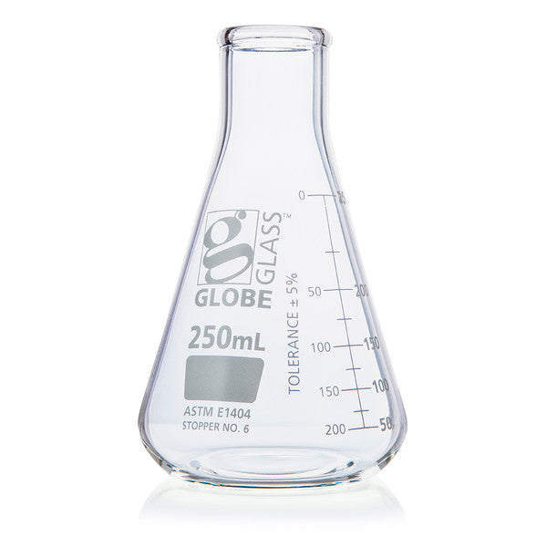Flask, Erlenmeyer, Globe Glass, 250mL, Narrow Mouth, Dual Grads, ASTM E1404, 12/Box - 8400250