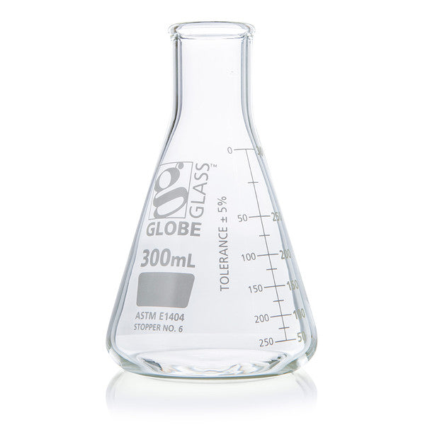 Flask, Erlenmeyer, Globe Glass, 300mL, Narrow Mouth, Dual Grads, ASTM E1404, 12/Box - 8400300