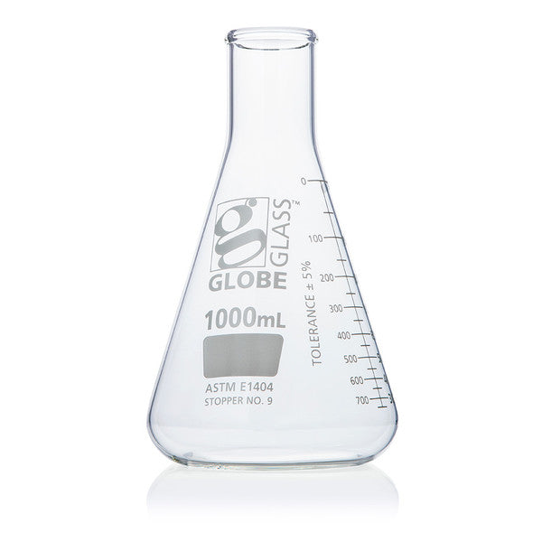 Flask, Erlenmeyer, Globe Glass, 1000mL, Narrow Mouth, Dual Grads, ASTM E1404, 6/Box - 8401000