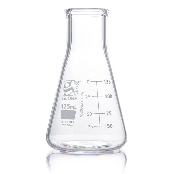Flask, Erlenmeyer, Globe Glass, 125mL, Wide Mouth, Dual Graduations, ASTM E1404, 12/Box - 8410125