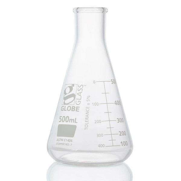 Flask, Erlenmeyer, Globe Glass, 500mL, Heavy Duty, Narrow Mouth, Dual Grad - 8430500