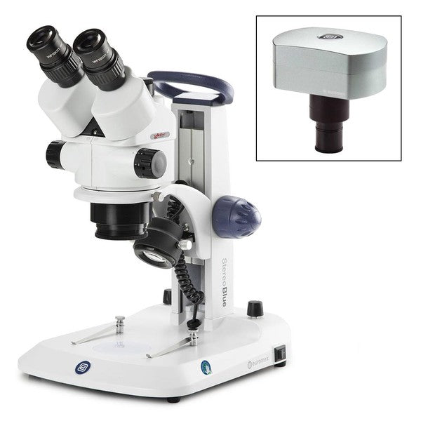 Trinocular stereo zoom microscope Stereo, Blue, 0.7x to 4.5x zoom obj., w/camera - ESB-1903-DC18