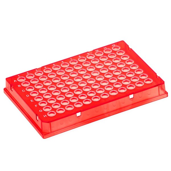 Diamond Shell 0.1mL 96 well PCR Plate, Red PC frame and Clear PP wells, 100/Cs - PCR-DS-FS-01-R