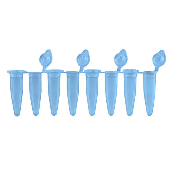PCR 8-Strips. 0.2mL with Attached Individual Flat Caps, Blue, 120/pk | P3010-A-B