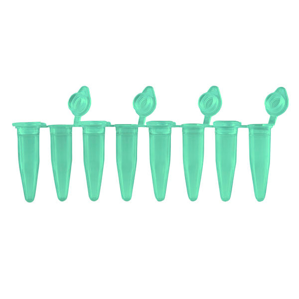 PCR 8-Strips. 0.2mL with Attached Individual Flat Caps, Green, 120/pk | P3010-A-G