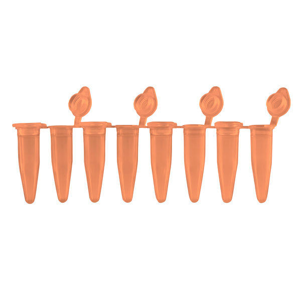 PCR 8-Strips. 0.2mL with Attached Individual Flat Caps, Orange, 120/pk | P3010-A-O