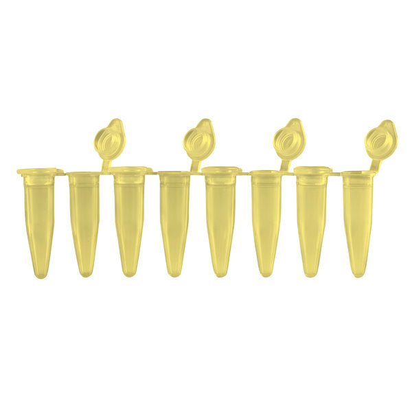PCR 8-Strips. 0.2mL with Attached Individual Flat Caps, Yellow, 120/pk | P3010-A-Y