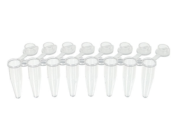 PCR 8-Strip, 0.2mL, Attached Individual Frosted Flat Caps, Natural | PC0208-TF-ATT
