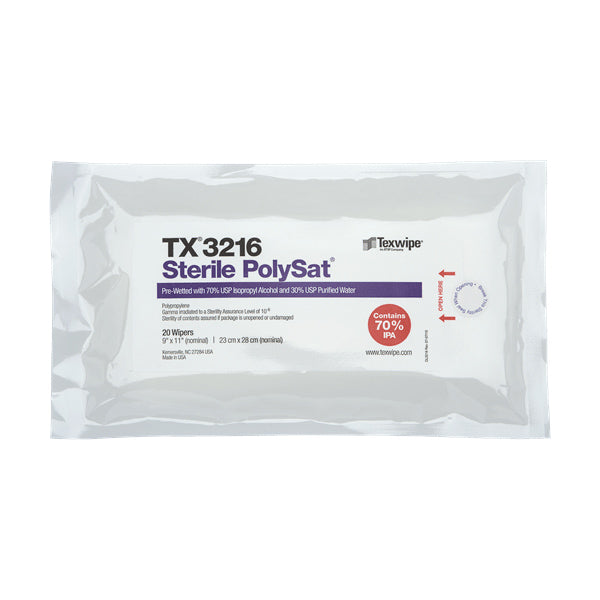 Sterile PolySat 9" x 11" pre-wetted polypropylene wipers, 480 wipers/Cs - TX3216