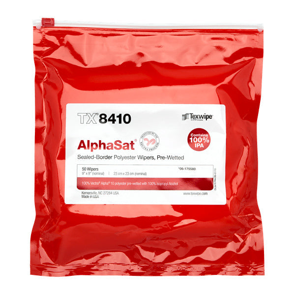 AlphaSat with Vectra Alpha 10 9" x 9" wipers pre-wetted with 100% IPA, 600 wipers/Cs - TX8410